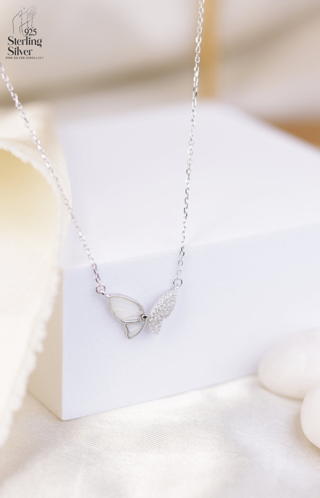 Fluttering Butterfly Pearl 925 Sterling Silver Chain Pendant