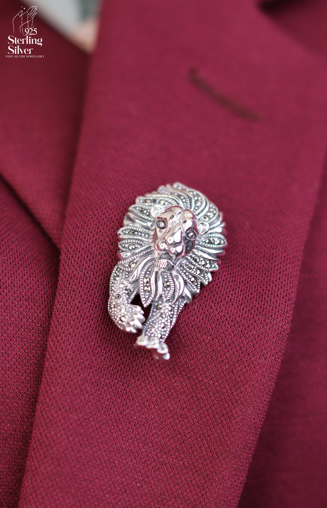 Massive Lion 925 Sterling Silver Marcasite Brooch Pendant
