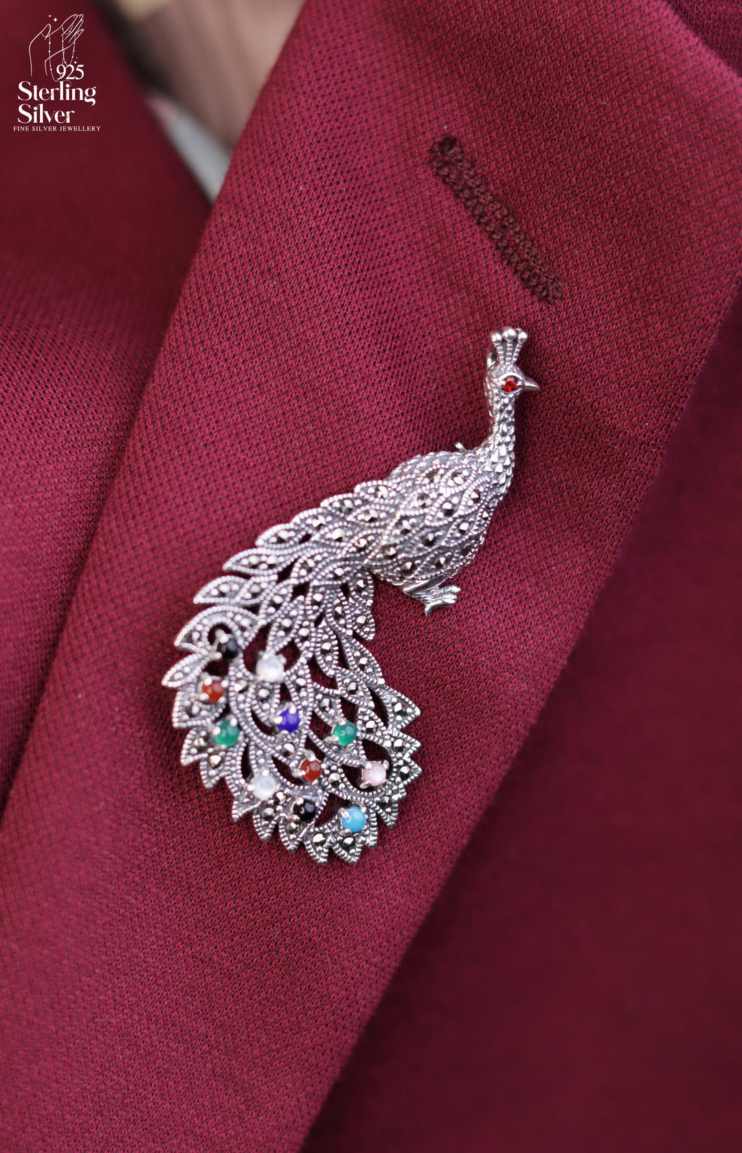 Elegant Peacock 925 Sterling Silver Marcasite Brooch Pendant
