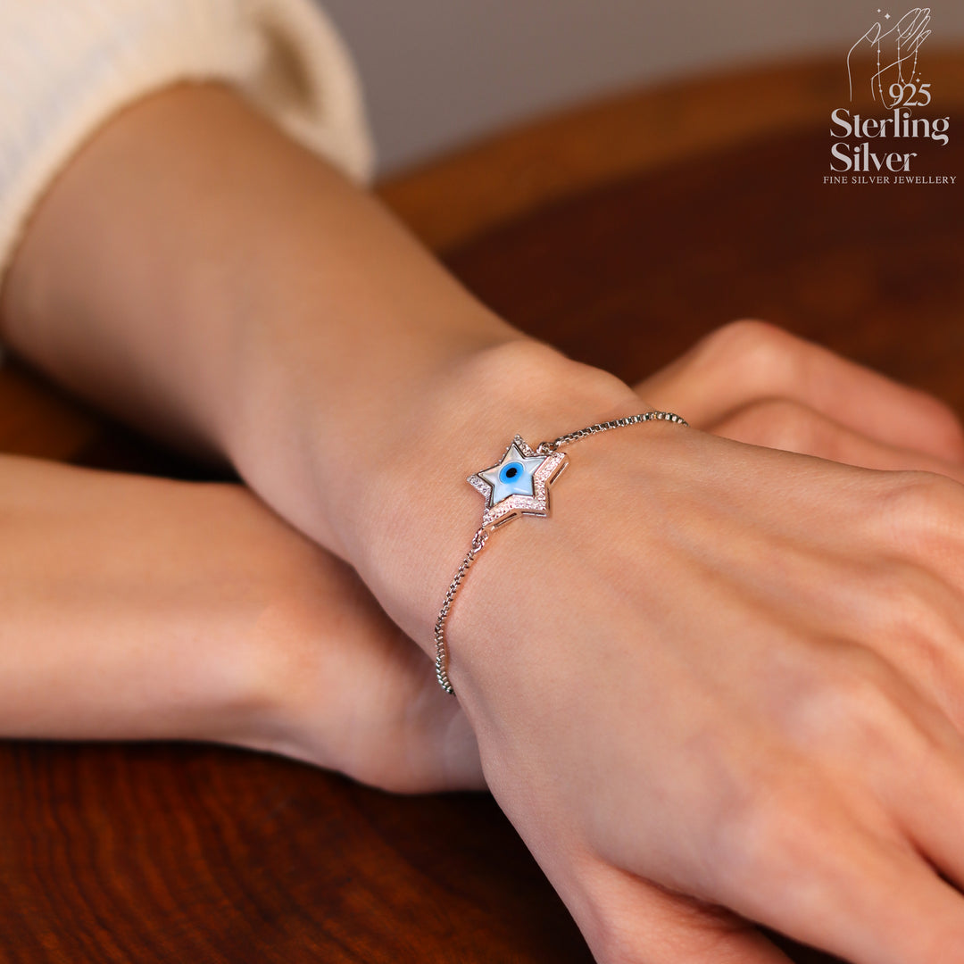 Star Evil Eye Adjustable 925 Sterling Silver Bracelet