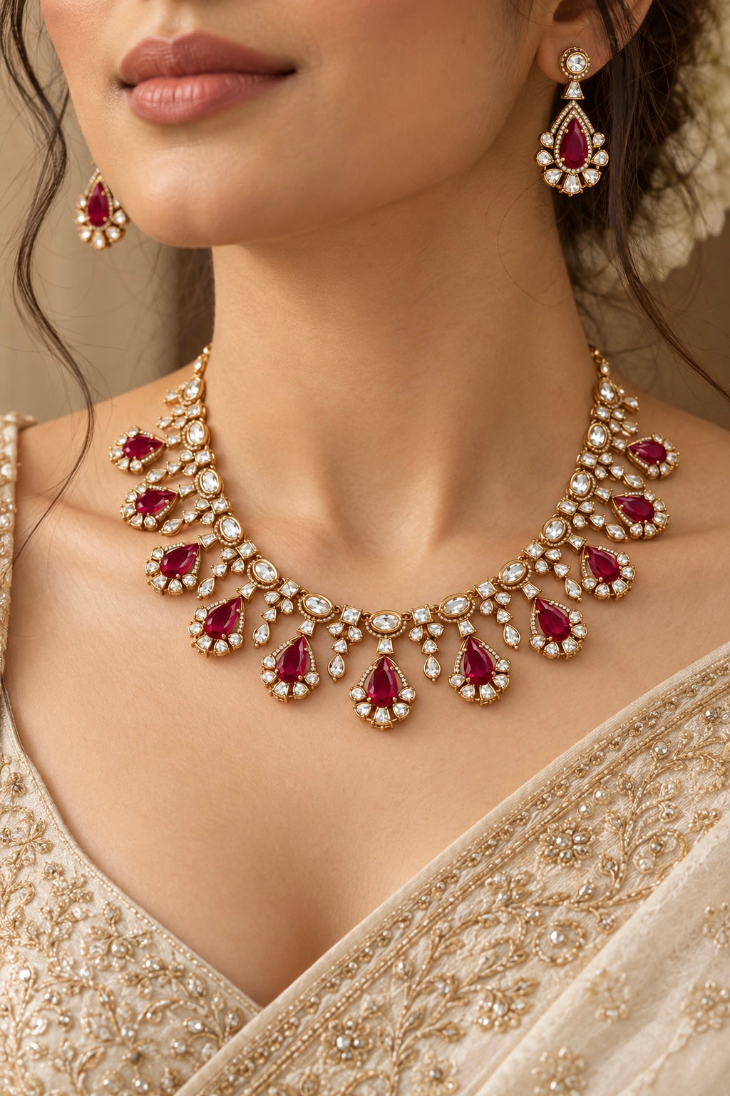 Ruby Kundan 925 Sterling Silver Necklace Set