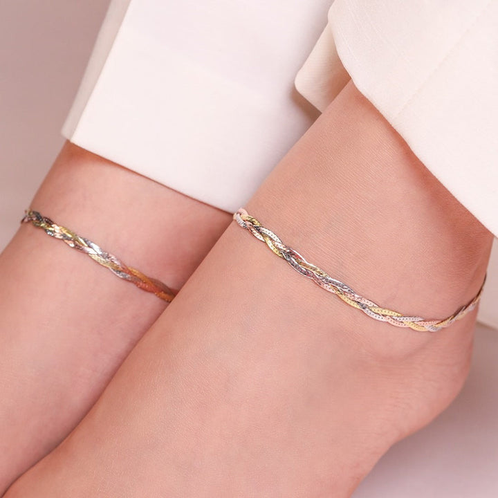 Triple Tone Braided 925 Sterling Silver Anklet