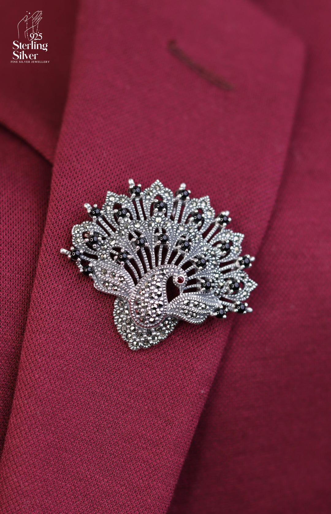 Whimsical Peacock 925 Sterling Silver Marcasite Brooch Pendant