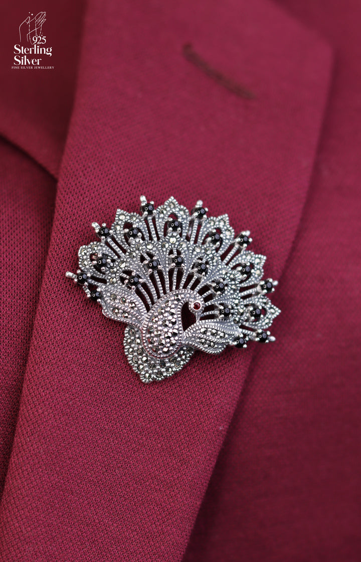 Whimsical Peacock 925 Sterling Silver Marcasite Brooch Pendant