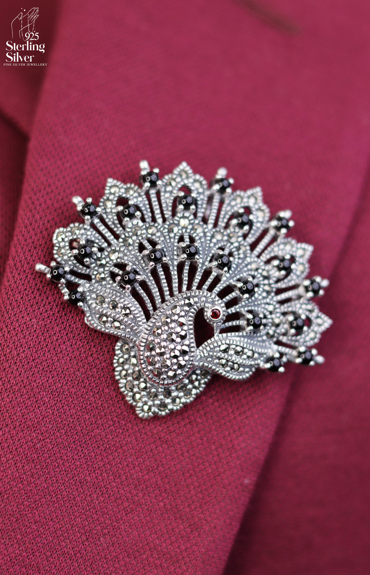 Whimsical Peacock 925 Sterling Silver Marcasite Brooch Pendant
