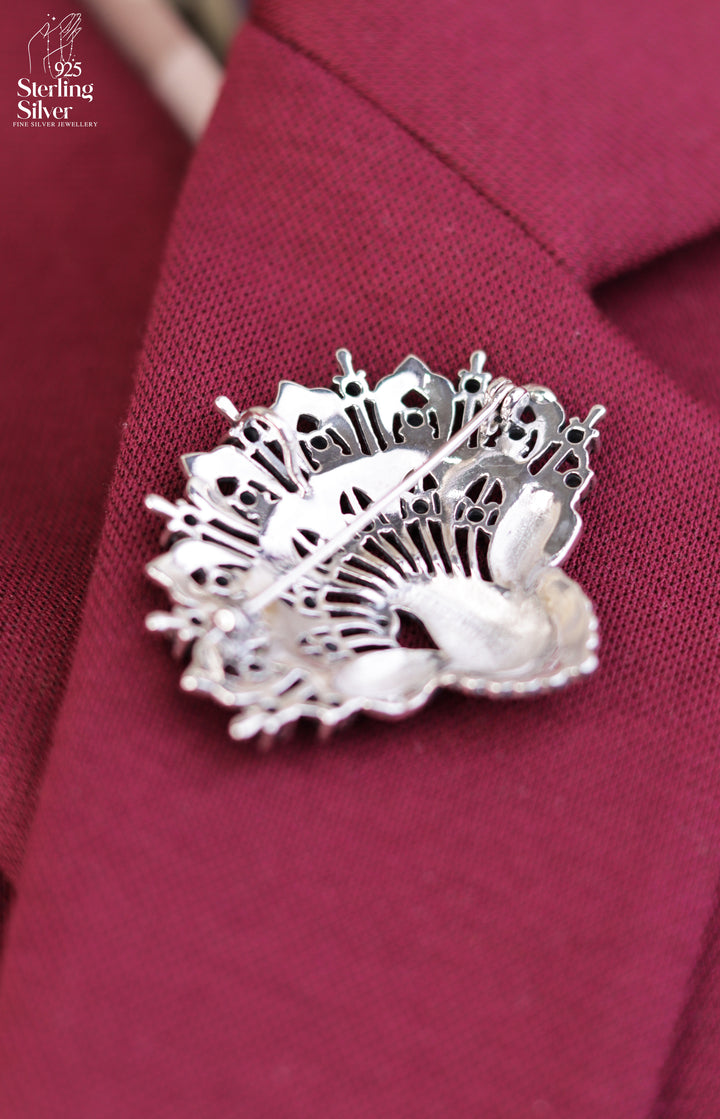 Whimsical Peacock 925 Sterling Silver Marcasite Brooch Pendant