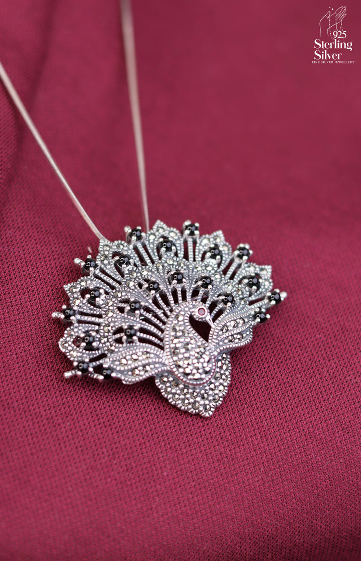 Whimsical Peacock 925 Sterling Silver Marcasite Brooch Pendant