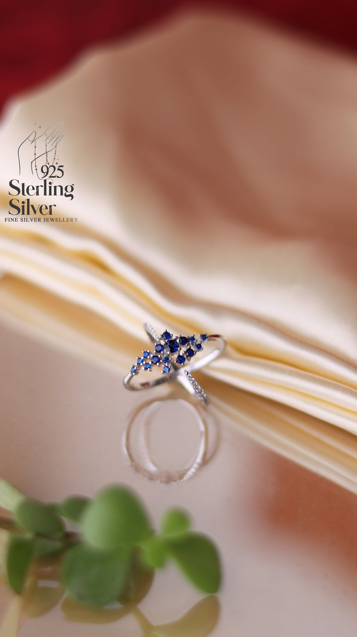 Cross Style Blue Stones 925 Sterling Silver Women Ring