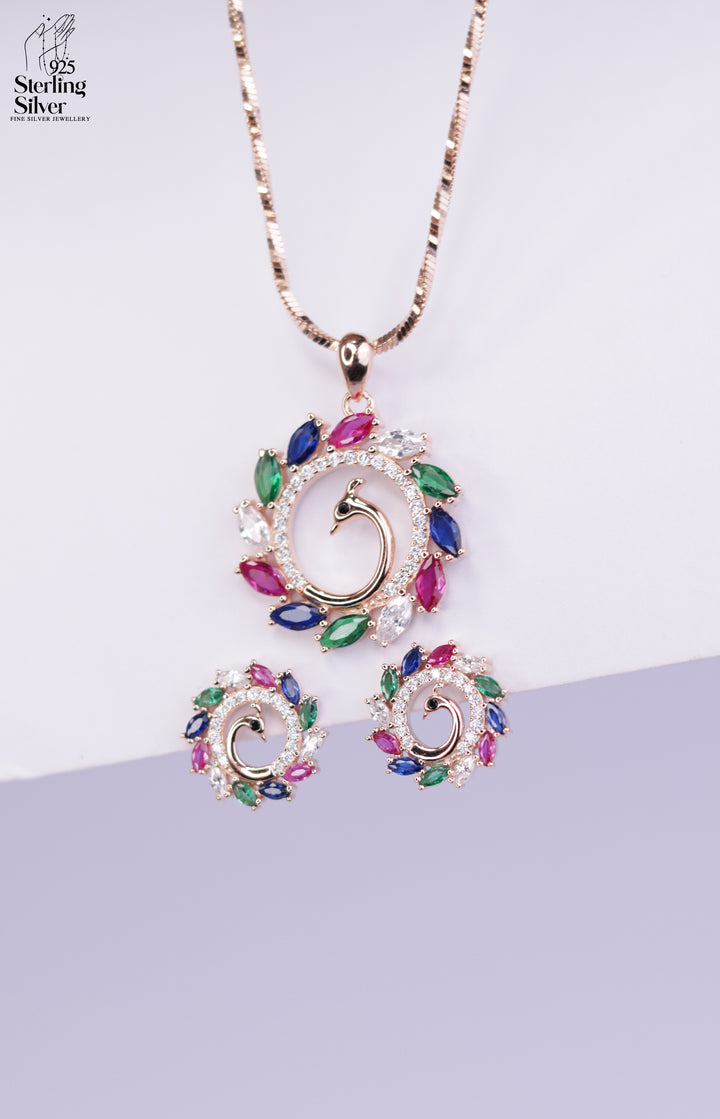Magnificent Peacock 925 Sterling Silver Necklace Set