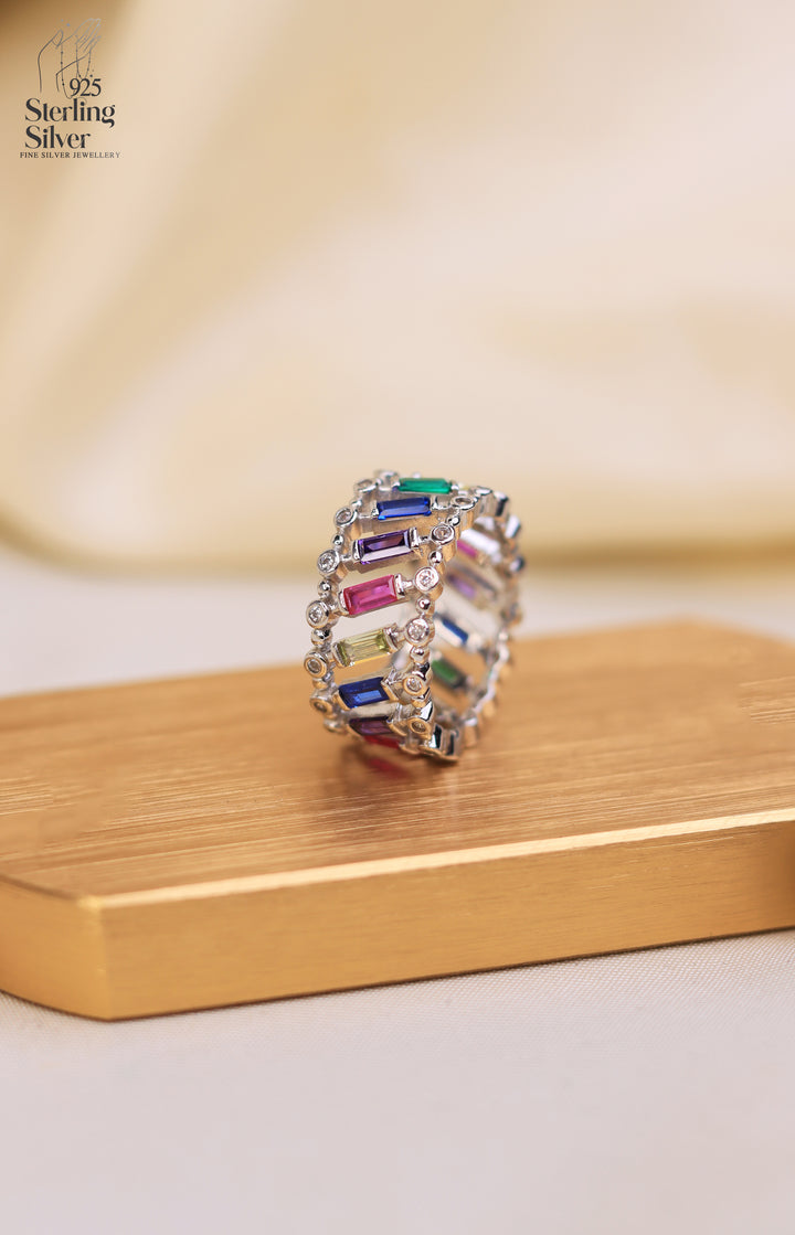 Multi Colour 925 Sterling Silver Band Ring
