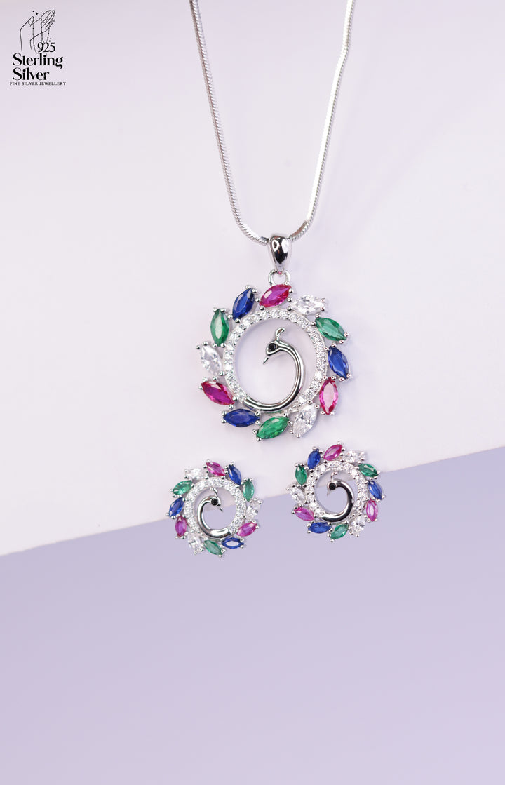 Magnificent Peacock 925 Sterling Silver Necklace Set