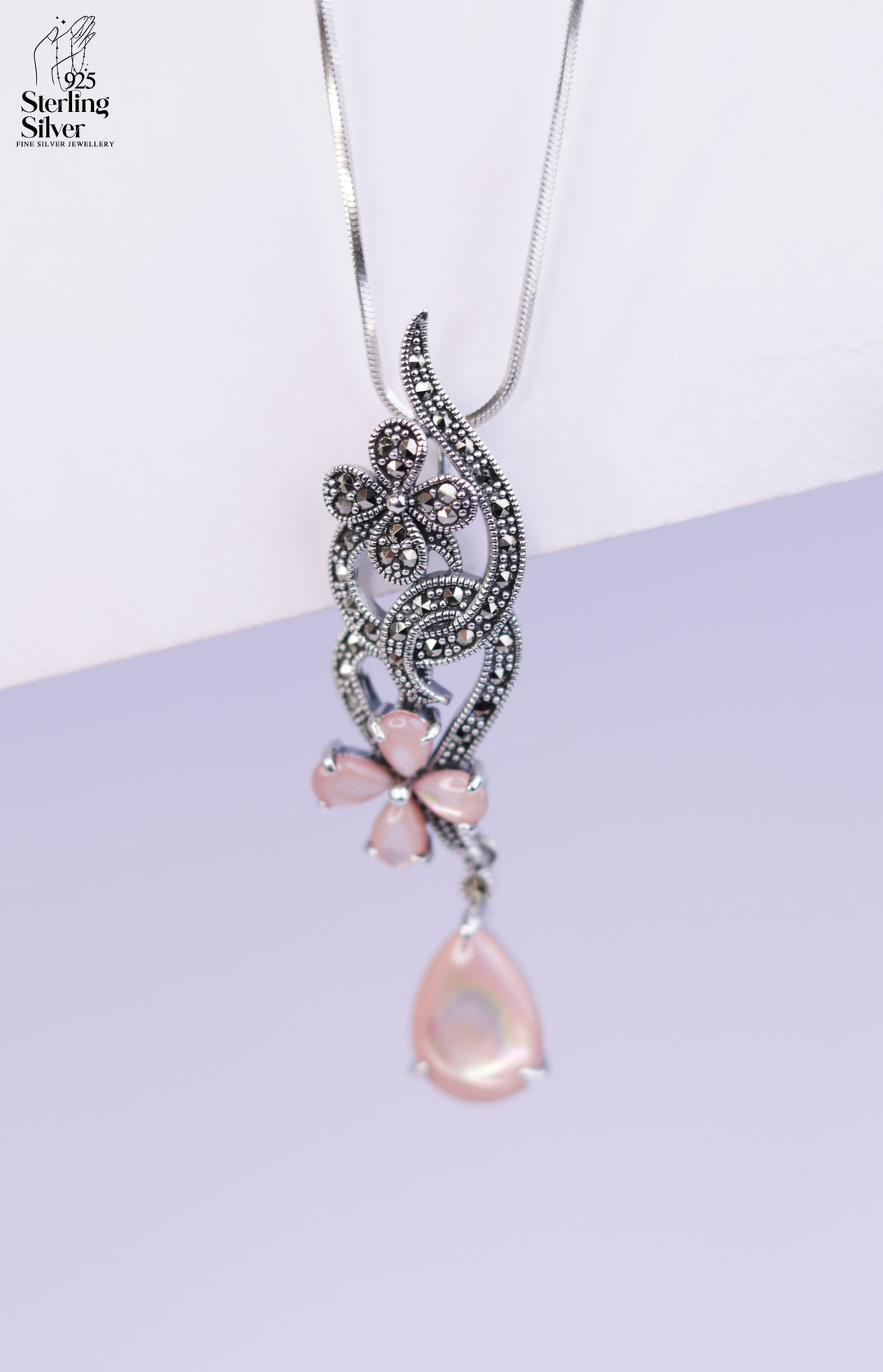 Artisanal Pearl Marcasite 925 Sterling Silver Pendant Set