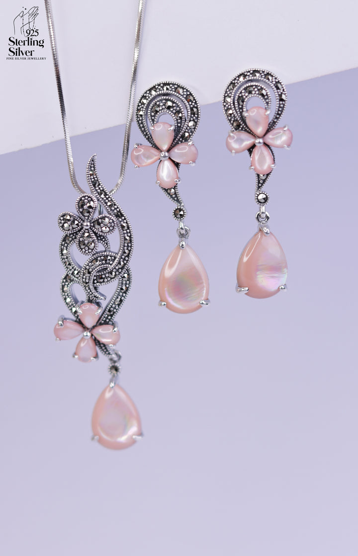 Artisanal Pearl Marcasite 925 Sterling Silver Pendant Set