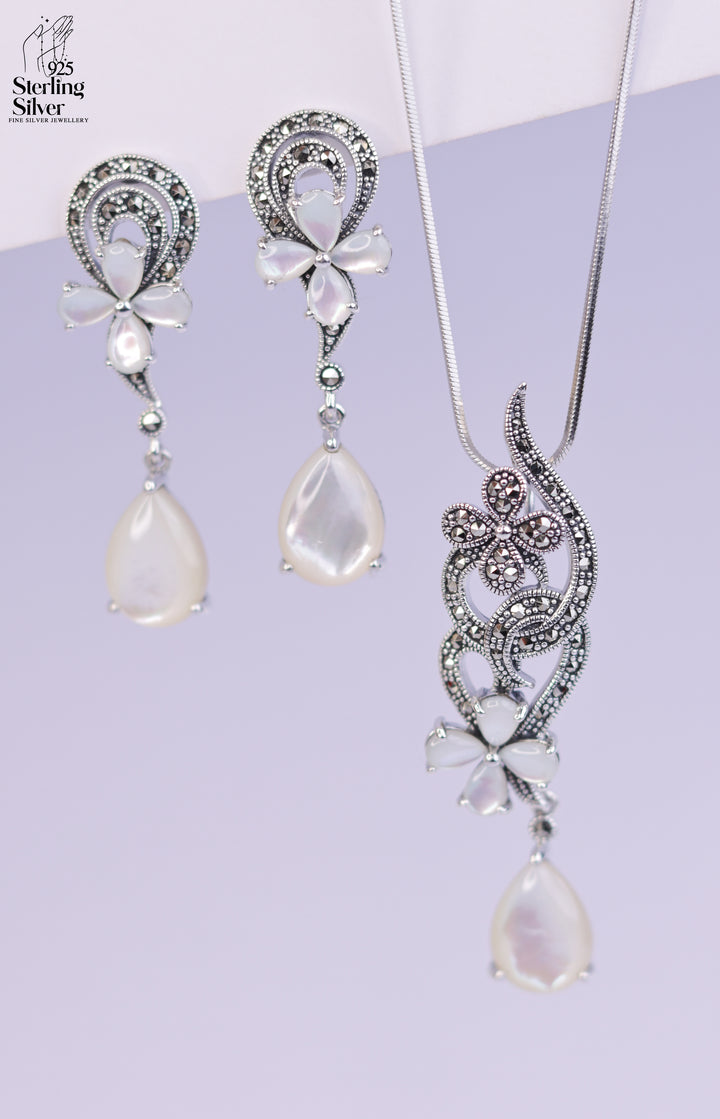 Crafted PearlMarcasite 925 Sterling Silver Pendant Set
