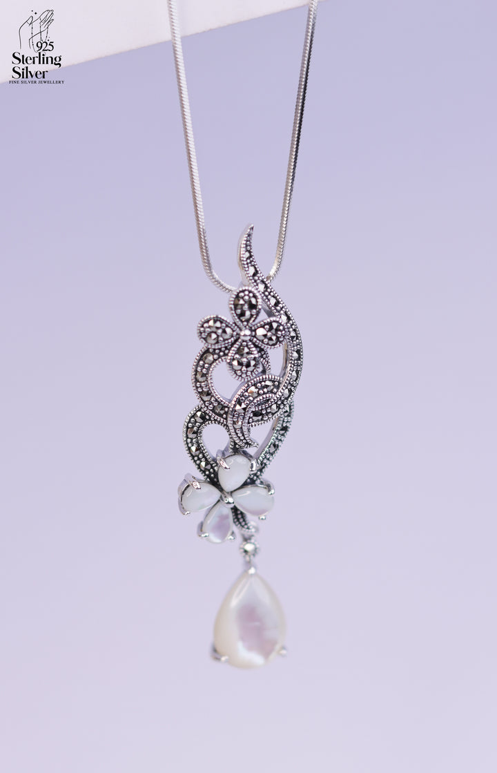 Crafted PearlMarcasite 925 Sterling Silver Pendant Set