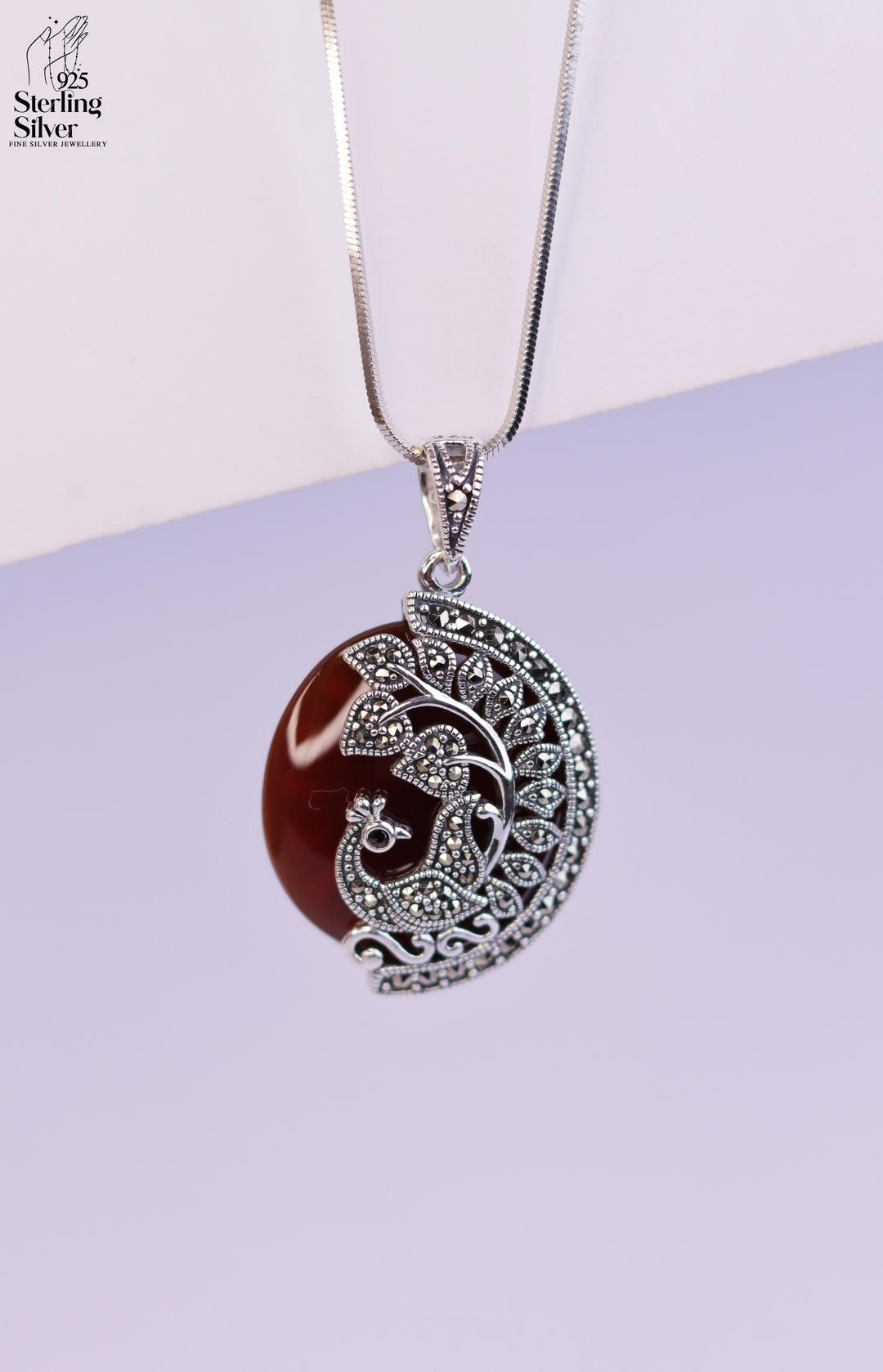 Peacock Marcasite Onyx 925 Sterling Silver Pendant Set