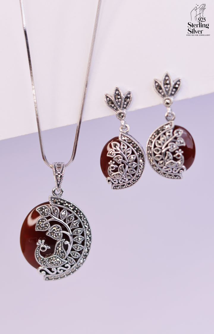 Peacock Marcasite Onyx 925 Sterling Silver Pendant Set