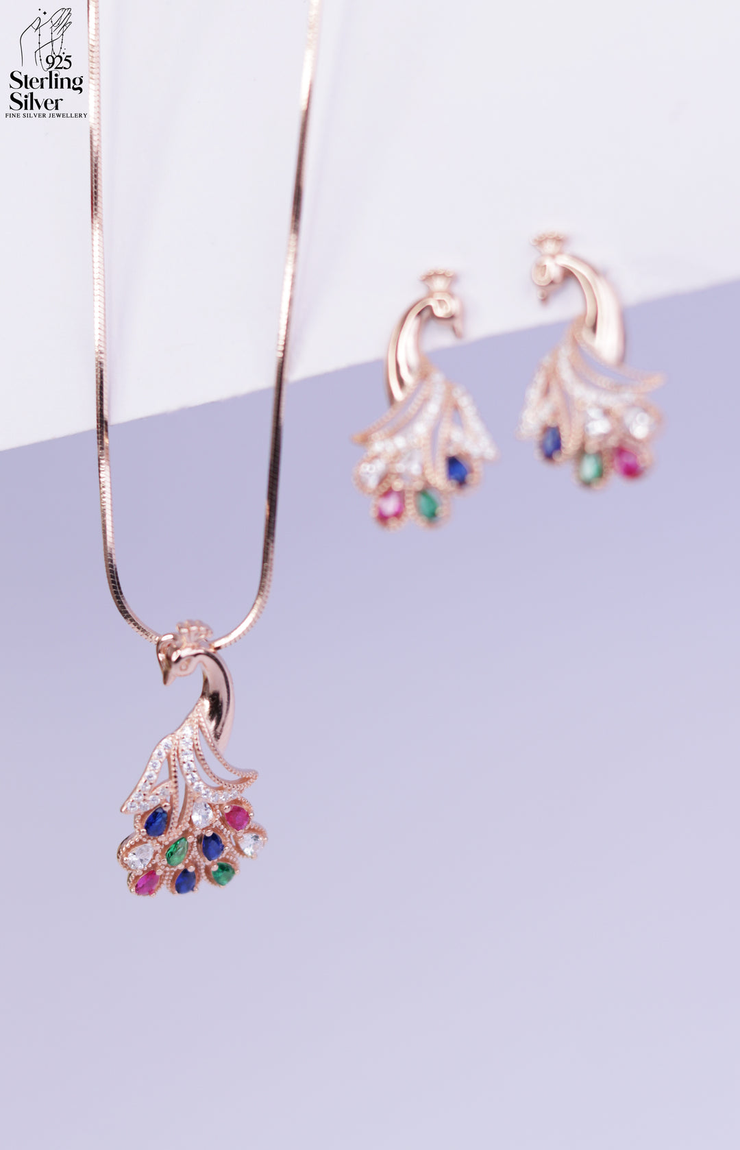 Fluttering Peacock 925 Sterling Silver Pendant Set