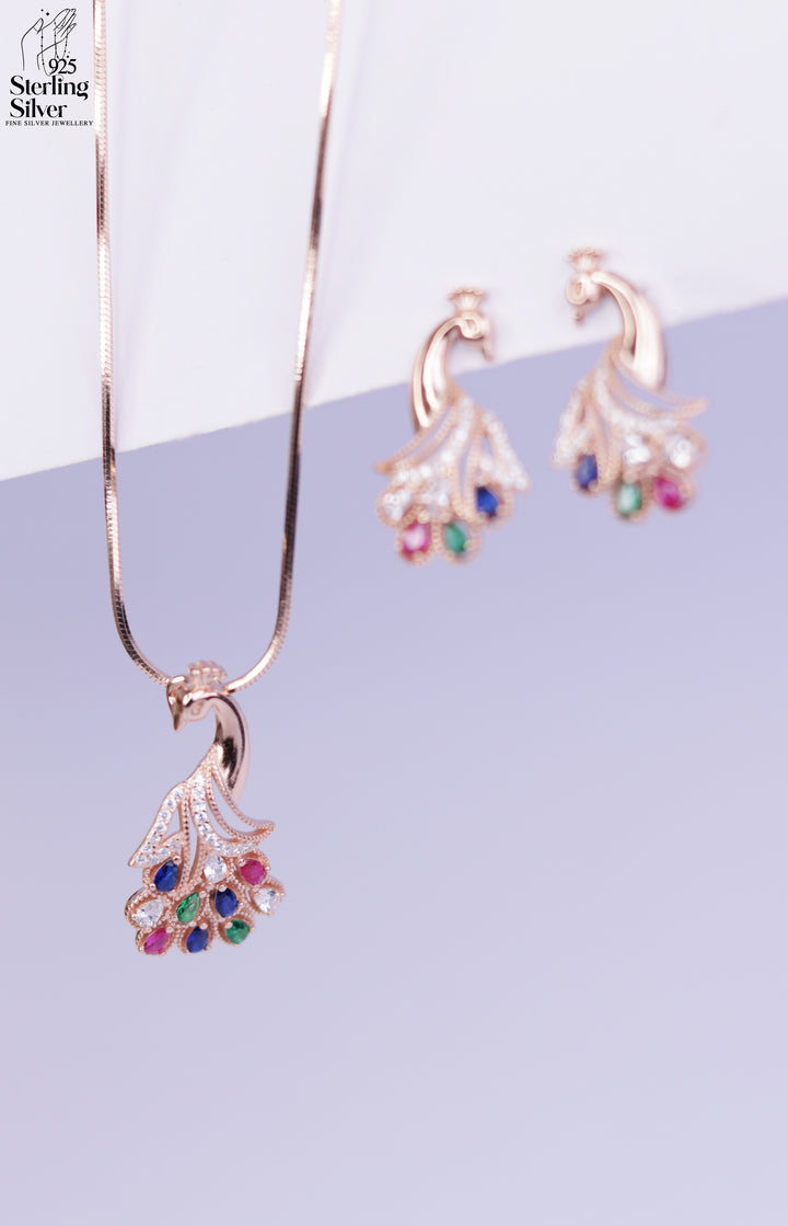Fluttering Peacock 925 Sterling Silver Pendant Set
