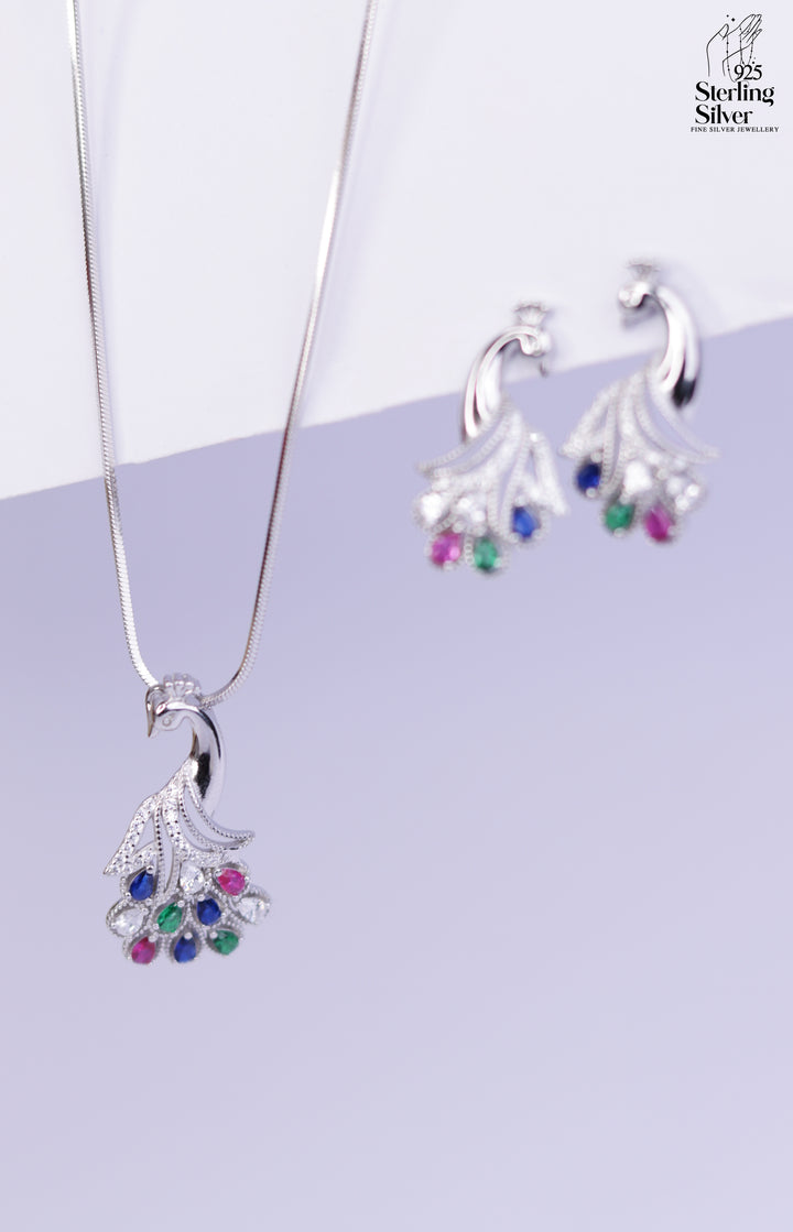 Fluttering Peacock 925 Sterling Silver Pendant Set