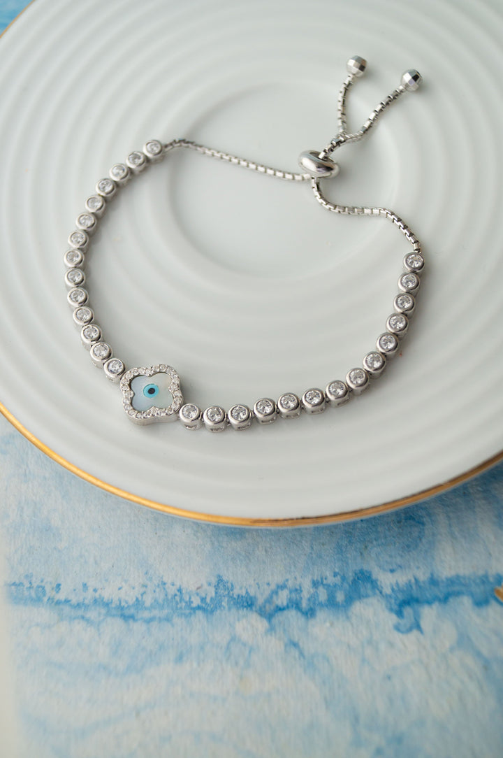 Solitaire Evil Eye Adjustable 925 Sterling Silver Bracelet